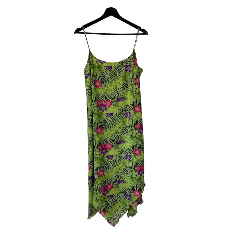 Vintage 90s Green Floral Jungle Print Sleeveless Chiffon Midi Dress Medium - Picture 1 of 9